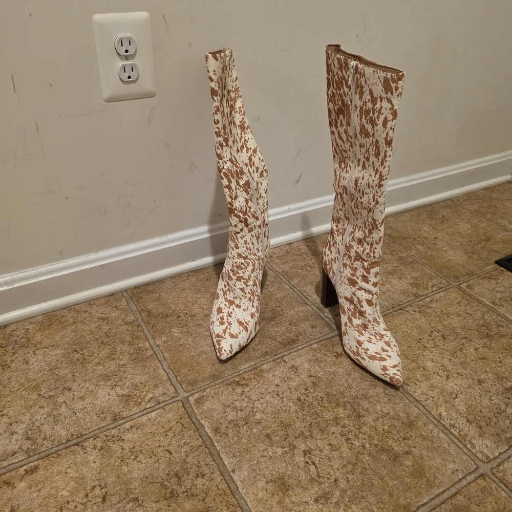 INC International Concepts White and Brown Cowhide-Print Mid-Calf Heeled Boots
